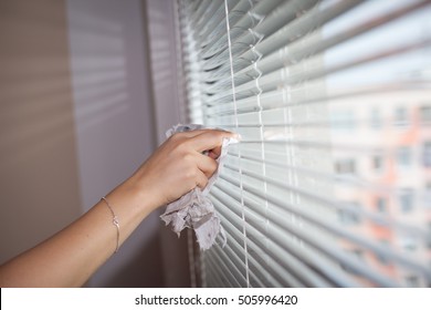 Hand Of Young Woman Cleaning Blinds By Cloth; Housework (vignette)