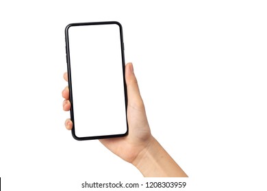 Hand Young Woman Holding Mobile Smartphone With Blank Screen Isolated On White Background With Clipping Path