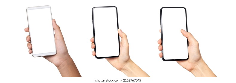 Hand young woman holding mobile smartphone with blank screen isolated on white background with clipping path - Shutterstock ID 2152767045