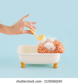 Hand Of Young Woman Washing Brain With Brush In Bath Tub With Foam. Isolated Pastel Blue Coloured Background. Mental Health, Brain Fog Or Brainwashing. Minimal Abstract Concept Of  Human Head.