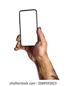 Hand Of Zombie With Mobile Phone On White Background