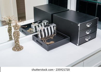 Handbag ,jewelry And Makeup Box On A Dressing Table