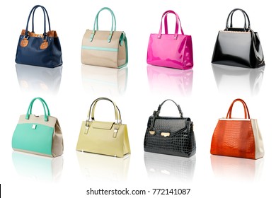 Handbags collection on reflected surface isolated on white background. - Shutterstock ID 772141087