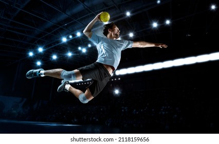 Handball player players in action. Sports banner. Attack concept with copy space
