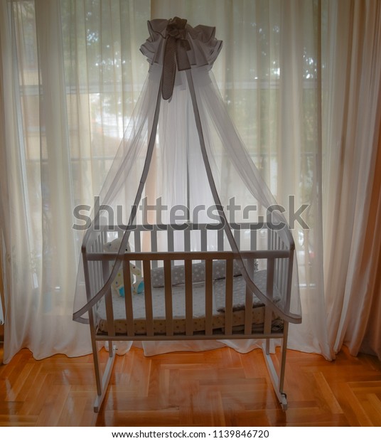 Handcrafted Baby Crib White Drapers Hanging Objects Interiors