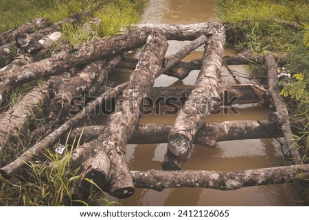 Handcrafted bridge over river made from natural wood logs