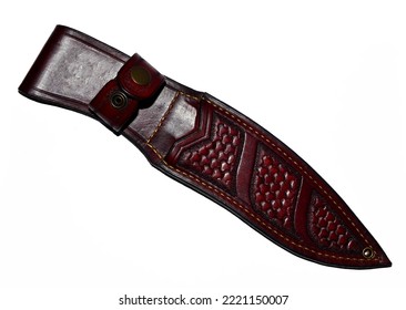 Handcrafted leather knife sheath on a white background,knife sheath,top view photo. - Shutterstock ID 2221150007