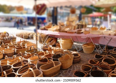 Handcrafted From Willow Twigs, A Variety Of Baskets Sold In A Market Square In Germany, Creative Weaving From Natural Materials, True Artisans Crafting By Hand, Concept Making Artisan Products