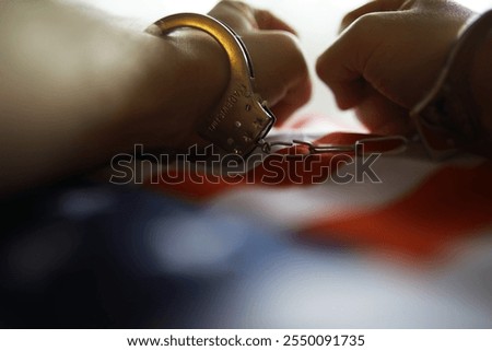 Handcuffed Hands Over American Flag Symbolizing Freedom, Justice, and Legal Issues