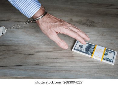 The handcuffed man's hand reaches for a stack of hundred-dollar bills lying on the table. A bribe. The concept of fighting corruption.