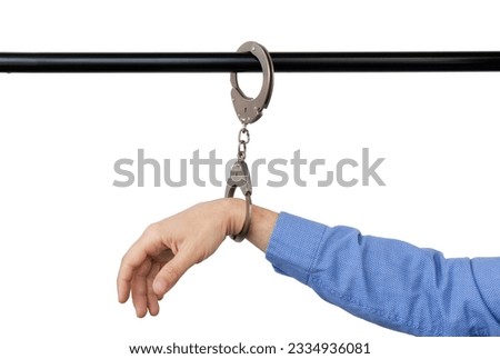 handcuffed to pipe, concept against violence, cut out, isolated on white background.
