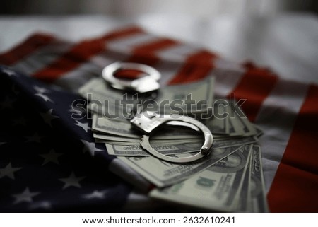 Handcuffs and Cash on American Flag Symbolizing Crime, Corruption, and Financial Fraud