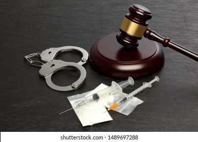 Handcuffs Drugs Syringes On Black Background Stock Photo 1489697288 ...