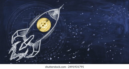 A hand-drawn Bitcoin rocketing upwards, superimposed on digital binary code, on a dark chalkboard background, illustrating the concept of cryptocurrency growth