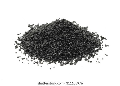 A Handful Of Black Silicon Carbide Powder On A White Background