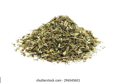 A Handful Of Chopped Herbs On A White Background