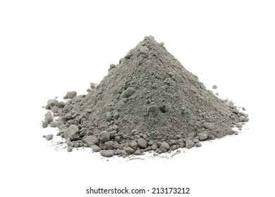 handful of gray cement powder on white background 