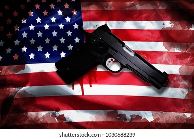 Handgun With Blood Stain On American Flag. Reform Gun Control In America Concept