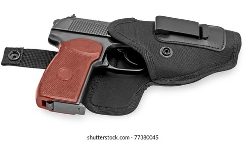 Handgun In A Holster Isolated On A White Background