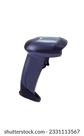 a handheld barcode scanner standing on a white background