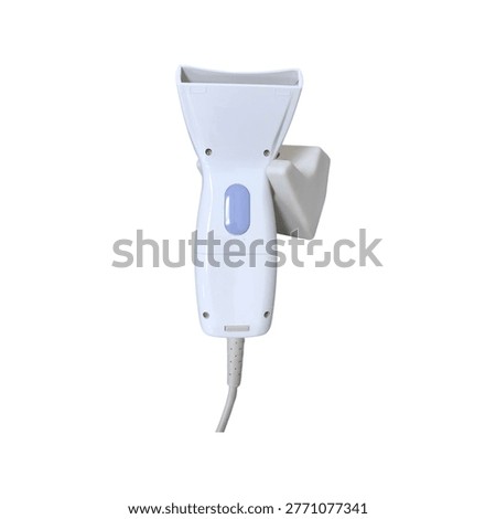 Handheld wireless QR code and barcode scanner for retail inventory management, professional digital laser scanning device for warehouse logistics, portable electronic barcode reader with ergonomic design isolated on white background.
