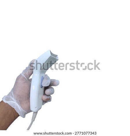 Handheld wireless QR code and barcode scanner for retail inventory management, professional digital laser scanning device for warehouse logistics, portable electronic barcode reader with ergonomic design isolated on white background.