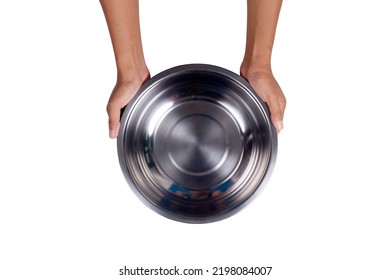 Hand-holding Empty Stainless Bowl Isolated On White Background. Top View