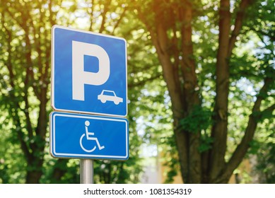 Handicap Parking Spot Sign, Reserved Lot Space For Disabled Person, Selective Focus