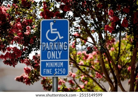 A handicap reserved parking only sign with minimum fine 250 dollar sign in California law. Parking lot rules. California Disabled Parking Accessible Sign. Blue metal handicapped parking sign