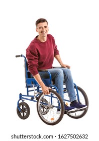 Handicapped Young Man In Wheelchair On White Background