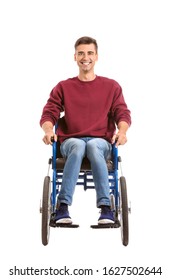 Handicapped Young Man In Wheelchair On White Background