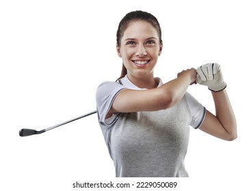 Handling her club with confidence. Studio shot of a young golfer practicing her swing isolated on white. - Powered by Shutterstock