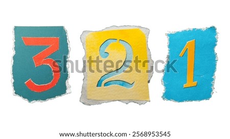 Handmade 3, 2 and 1 numbers created from torn colorful magazine paper with clipping path. Ransom note style letters.