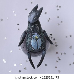 Handmade Art Toy Gray Wolf With Blue Bug. Silver Stars And Werewolf. Cute Gift For Her. 