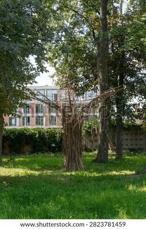Handmade artificial tree installation woven from brown twigs stands on green grass surrounded by tall trees.