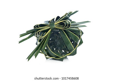 Handmade Basket From Coconut Tree Leaves, Coconut Palm Frond Weaving Isolated On White Background.