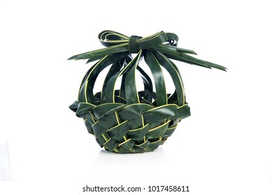 Handmade Basket From Coconut Tree Leaves, Coconut Palm Frond Weaving Isolated On White Background.