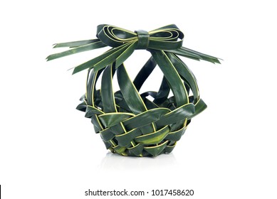 Handmade Basket From Coconut Tree Leaves, Coconut Palm Frond Weaving Isolated On White Background.