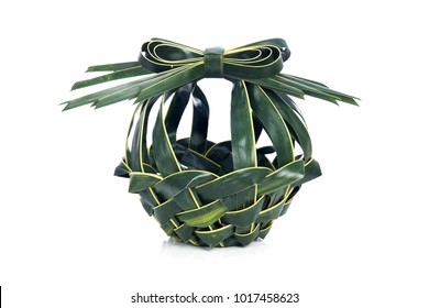 Handmade Basket From Coconut Tree Leaves, Coconut Palm Frond Weaving Isolated On White Background.