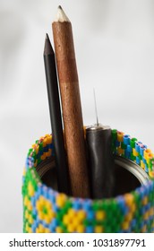 Handmade Beads Pencil Holder With Wooden Pencil And Craft Knife