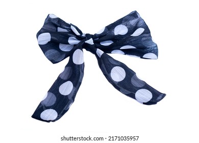 Handmade Black And Big White Dots Cloth Bow For Decorating Hair On White Background. Concept : DIY Fabric Scraps  That Left Over From Sewing ,old Clothes That Are No Longer Worn To Be Daily Life Items