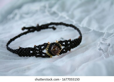 Handmade Black Macramé Bracelet With Smokey Quartz Stone Bead