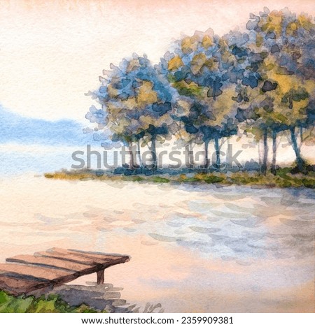 Handmade bright pink watercolour paint sketch haze view scene on paper backdrop card text space. Hand drawn light color cloudy heaven. Calm wild mist fall valley park creek berth artwork scenic view