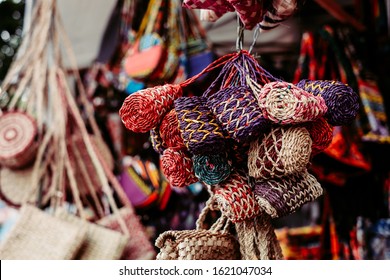 Handmade bunch of purses made from the fiber of Abaca plant, quality product of the Philippines. Copy Space. Selective focus.