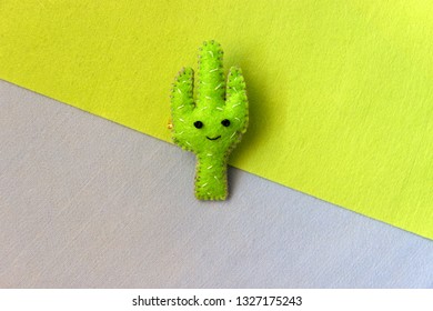Handmade Cactus Felt Brooch. Brooch Closeup.