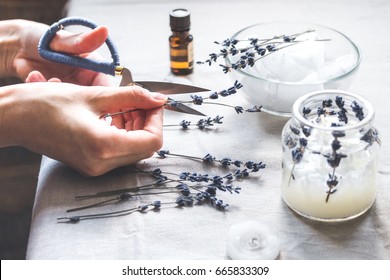 Handmade Candles With Lavender On Textile Background