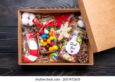 Handmade Care Package, Seasonal Gift Box With Candies, Gingerbread, Xmas Decor Personalized Eco Friendly Basket For Family, Friends, Girl For Thanksgiving, Christmas, Mothers, Fathers Day Flat Lay 