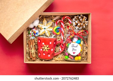 Handmade Care Package, Seasonal Gift Box With Candies, Lollipop, Xmas Decor Personalized Eco Friendly Basket For Family, Friends, Girl For Thanksgiving, Christmas, Mothers, Fathers Day Flat Lay 