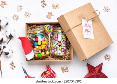 Handmade Care Package, Seasonal Gift Box With Candies, Gingerbread, Xmas Decor Personalized Eco Friendly Basket For Family, Friends, Girl For Thanksgiving, Christmas, Mothers, Fathers Day Flat Lay 