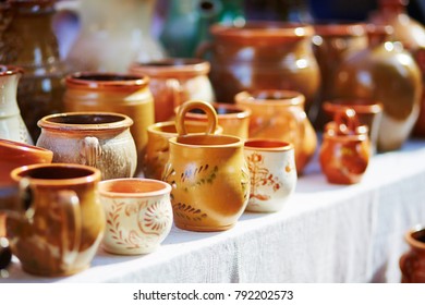 Handmade ceramic jugs sold on Easter fair in Vilnius, Lithuania. Traditional Lithuanian spring fair